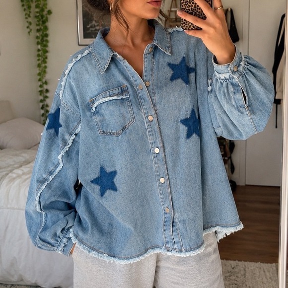 POL Tops - POL Star Patch Raw Hem Denim Shirt Jacket Light Wash Blue Large boho preppy